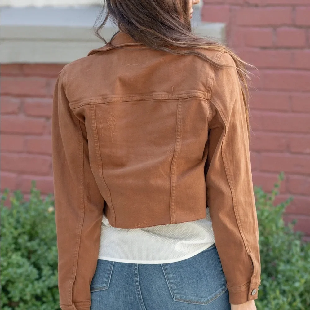 JUDY BLUE CAMEL GARMENT DYED GRINDING CROPPED DENIM JACKET LARGE - Picture 14 of 16